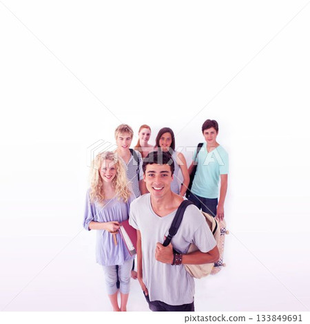 Group of students standing on white backdrop in flat design with backpacks, notebooks, skateboard Group of students standing on white backdrop in flat design with backpacks, notebooks, skateboard 133849691
