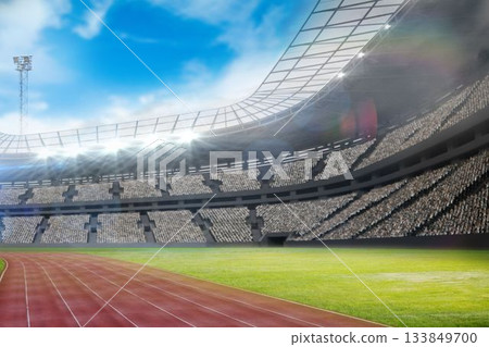 Red curved running track is leading into grass field under floodlights in flat design stadium Red curved running track is leading into grass field under floodlights in flat design stadium 133849700