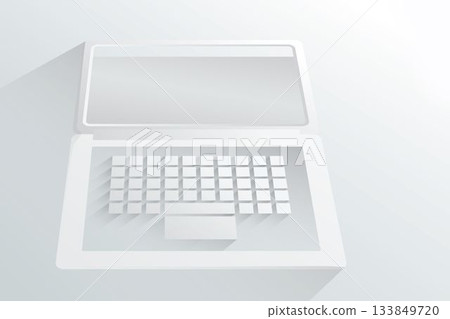Minimalist laptop showing blank pale screen with keyboard and trackpad on gradient background 133849720