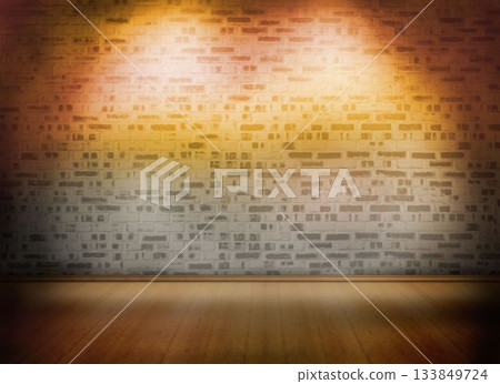 flat design is showing stage set with exposed brick wall and wooden floor glowing under spotlights flat design is showing stage set with exposed brick wall and wooden floor glowing under spotlights 133849724