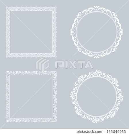 Set of decorative frames Elegant vector element for design in Eastern style, place for text. Floral gray and white borders. Lace illustration for invitations and greeting cards Set of decorative frames Elegant vector element for design in Eastern style, place for text. Floral gray and white borders. Lace illustration for invitations and greeting cards 133849933