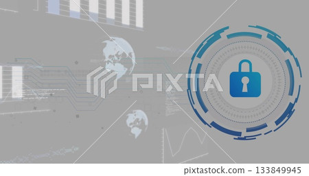 Cybersecurity lock icon image over global data network and charts 133849945
