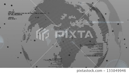 World map with data points and coding image over gray background World map with data points and coding image over gray background 133849946