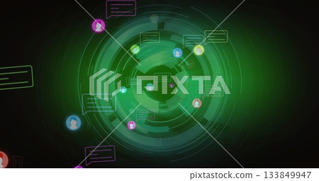 Digital communication icons and chat bubbles image over green circular interface 133849947