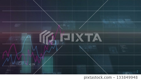 Animating financial data graph showing fluctuating stock prices over digital background Animating financial data graph showing fluctuating stock prices over digital background 133849948