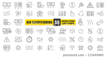 Air Conditioning Line Icon Set. 55 Clear, Modern Symbols For Cooling, Heating, Ventilation, Temperature Control, And Smart Home Functions. Ideal For HVAC Guides, Mobile Apps. Isolated Vector Icons. 133849960