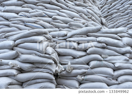 Background of sandbags for flood defense or military use 133849962