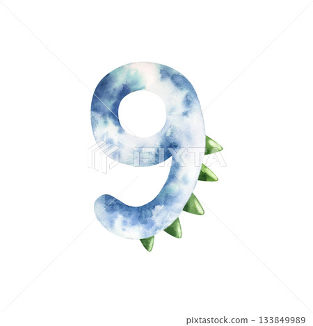 Cute dinosaur number nine. Watercolor hand drawn prehistoric illustration for invitation card, nursery poster. Sketch on transparent background. Perfect for for nursery and baby shower, tropical Cute dinosaur number nine. Watercolor hand drawn prehistoric illustration for invitation card, nursery poster. Sketch on transparent background. Perfect for for nursery and baby shower, tropical 133849989