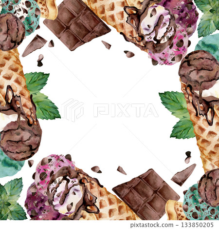 Mint leaves, berry gelato with cocoa bits chips topping in waffle cone with melting chocolate syrup drizzle. Isolated square border frame hand drawn in watercolor. Natural food wrap, product visual. 133850205