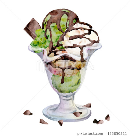Pistachio gelato ice cream in short glass dessert bowl with mint leaves, melted chocolate syrup drizzle and chips. Isolated illustration hand drawn in watercolor. Food journal, classic cafe branding. Pistachio gelato ice cream in short glass dessert bowl with mint leaves, melted chocolate syrup drizzle and chips. Isolated illustration hand drawn in watercolor. Food journal, classic cafe branding. 133850211
