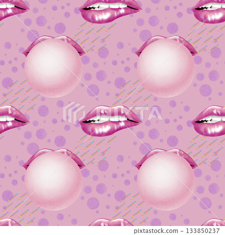Pink sexy woman lips with lipgloss and chewing gum in retro seamless pattern for fashion beauty.Biting lower lip with teeth in retro comics style.Hand drawn illustration as symbol of the 80s and 90s Pink sexy woman lips with lipgloss and chewing gum in retro seamless pattern for fashion beauty.Biting lower lip with teeth in retro comics style.Hand drawn illustration as symbol of the 80s and 90s 133850237