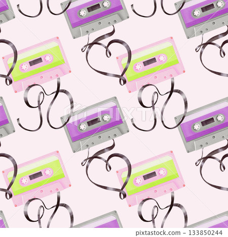Portable player audio cassettes from 80's,90's style,tapes in shape 90,heart in seamless pattern.Watercolor illustration on transparent background for websites,fabric,stationery,theme parties Portable player audio cassettes from 80's,90's style,tapes in shape 90,heart in seamless pattern.Watercolor illustration on transparent background for websites,fabric,stationery,theme parties 133850244