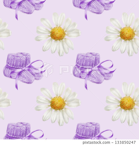 Symbol of World Prematurity Day-Purple knitted socks with ribbon,chamomile flowers symbolizing purity and childhood innocence.Watercolor seamless pattern for charity projects,social media 133850247