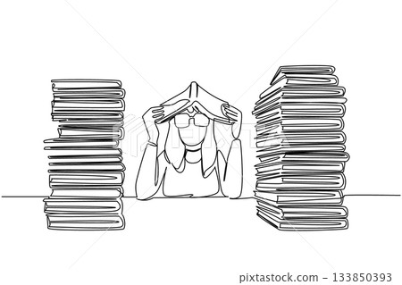 Continuous one line drawing a woman dressed as a nerd, placed an open book on her head. Read a lot, gain a lot of benefits. Funny. Educate. Geek Pride Day. Single line draw design vector illustration 133850393