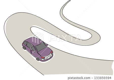 Single continuous line drawing the car is running on a winding road slab. Road trips that are getting more enjoyable. Enjoy the journey. National Road Trip Day. One line design vector illustration Single continuous line drawing the car is running on a winding road slab. Road trips that are getting more enjoyable. Enjoy the journey. National Road Trip Day. One line design vector illustration 133850394