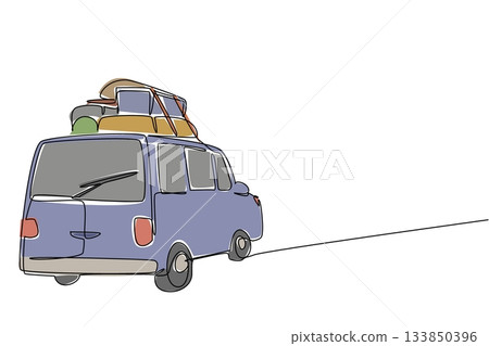 Continuous one line drawing rear view of the car carrying lot of luggage on the roof rack. Overland journey with plenty of supplies. National Road Trip Day. Single line draw design vector illustration Continuous one line drawing rear view of the car carrying lot of luggage on the roof rack. Overland journey with plenty of supplies. National Road Trip Day. Single line draw design vector illustration 133850396