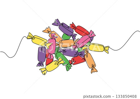Continuous one line drawing pile of colorful candy. Bring plenty of stock to snack on while studying. Enjoy sweet and soft taste in one. National Taffy Day. Single line draw design vector illustration Continuous one line drawing pile of colorful candy. Bring plenty of stock to snack on while studying. Enjoy sweet and soft taste in one. National Taffy Day. Single line draw design vector illustration 133850408