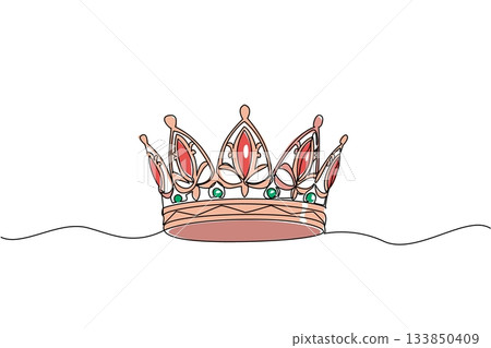 Single continuous line drawing tiara crown. Headdress by people of high standing. Symbol of power, authority, nobility. Accessories decorated with gems. Tiara Day. One line design vector illustration 133850409