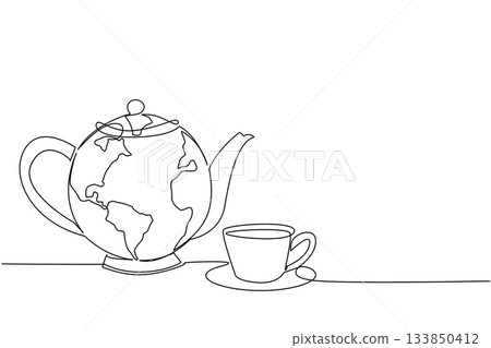 Continuous one line drawing teapot with a cup with a saucer. Symbol of great ease of tea cultivation throughout the world. Hot tea. International Tea Day. Single line draw design vector illustration Continuous one line drawing teapot with a cup with a saucer. Symbol of great ease of tea cultivation throughout the world. Hot tea. International Tea Day. Single line draw design vector illustration 133850412