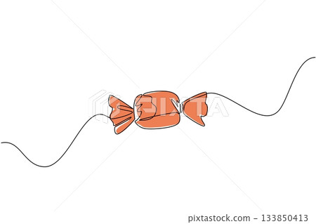 Single one line drawing candy. The mild sweet taste is addictive. A favorite sweet snack for children. Chewy candy. Sweetness. Tasty. National Taffy Day. Continuous line design graphic illustration 133850413