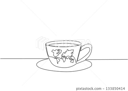 Single continuous line drawing a cup filled with tea with a saucer. Enjoy a cup of tea from all over the world. Unique taste. Delicious. International Tea Day. One line design vector illustration 133850414