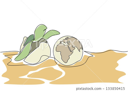 Single continuous line drawing turtles hatch from eggs and the eggs are intact with a globe like surface. Hatch one. Maintain the ecosystem. World Turtle Day. One line design vector illustration 133850415