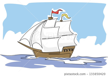 Single continuous line drawing pinisi ship. Traditional boat from South Sulawesi, Indonesia. Has a very unique design. Inter island trade. National Maritime Day. One line design vector illustration 133850420