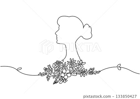 Single continuous line drawing silhouette of a woman with a flower arrangement at the bottom. Beauty poster image of women and flowers concept. Elegant. Flower Day. One line design vector illustration 133850427