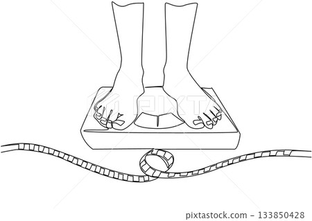 Continuous one line drawing feet standing on scale and a roll of measuring tape. Strict diet starts now. For better life. Health. Weights and Measures Day. Single line draw design vector illustration 133850428