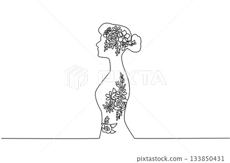 Single one line drawing silhouette of woman whose silhouette contains series of flowers. The concept of complementary beauty. Just as beautiful. Flower Day. Continuous line design graphic illustration 133850431