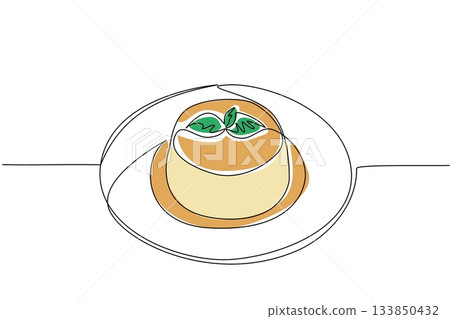 Single one line drawing vanilla pudding topped with mint leaves and caramel sauce on plate. Simple yet luxurious presentation. National Vanilla Pudding Day. Continuous line design graphic illustration Single one line drawing vanilla pudding topped with mint leaves and caramel sauce on plate. Simple yet luxurious presentation. National Vanilla Pudding Day. Continuous line design graphic illustration 133850432