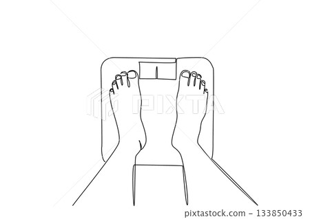 Single continuous line drawing top view, feet standing on the scale. The scales do not lie. It is time to live healthy. Exercise regularly Weights and Measures Day. One line design vector illustration Single continuous line drawing top view, feet standing on the scale. The scales do not lie. It is time to live healthy. Exercise regularly Weights and Measures Day. One line design vector illustration 133850433