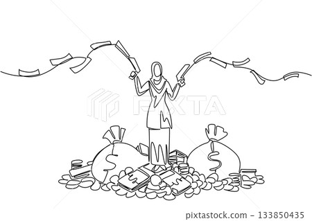 Continuous one line drawing Arab woman stands on pile of money holds gun that shoots out banknotes in both hands. Unlimited balance. Be a Millionaire Day. Single line draw design vector illustration Continuous one line drawing Arab woman stands on pile of money holds gun that shoots out banknotes in both hands. Unlimited balance. Be a Millionaire Day. Single line draw design vector illustration 133850435
