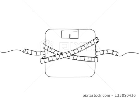 Single one line drawing body scales tied with measuring tape. A symbol to keep remembering healthy living at all times. Diet. Weights and Measures Day. Continuous line design graphic illustration 133850436