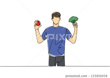 Single continuous line drawing a man in casual clothes holding an apple and broccoli in each hand. Learning a healthy lifestyle. Eat More Fruits and Vegetables Day. One line design vector illustration Single continuous line drawing a man in casual clothes holding an apple and broccoli in each hand. Learning a healthy lifestyle. Eat More Fruits and Vegetables Day. One line design vector illustration 133850438