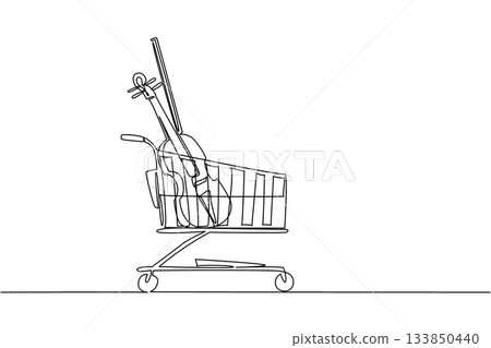Single one line drawing shopping trolley containing violin. Special understanding to play it. Produces a soothing rhythm. Buy A Musical Instrument Day. Continuous line design graphic illustration Single one line drawing shopping trolley containing violin. Special understanding to play it. Produces a soothing rhythm. Buy A Musical Instrument Day. Continuous line design graphic illustration 133850440