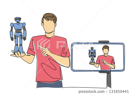 Single one line drawing a man holding robots and doing live streaming using a smartphone. Side job. Reviewing fancy robots. Live. National Streaming Day. Continuous line design graphic illustration Single one line drawing a man holding robots and doing live streaming using a smartphone. Side job. Reviewing fancy robots. Live. National Streaming Day. Continuous line design graphic illustration 133850441