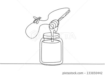 Continuous one line drawing bees flying around a honey jar and a wooden handle covered in honey. The sweetness of honey comes from bees. World Bee Day. Single line draw design vector illustration Continuous one line drawing bees flying around a honey jar and a wooden handle covered in honey. The sweetness of honey comes from bees. World Bee Day. Single line draw design vector illustration 133850442