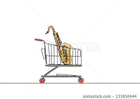Continuous one line drawing shopping trolley containing saxophone. Purchases for learning resources. Classical music. Melody. Buy A Musical Instrument Day. Single line draw design vector illustration Continuous one line drawing shopping trolley containing saxophone. Purchases for learning resources. Classical music. Melody. Buy A Musical Instrument Day. Single line draw design vector illustration 133850444