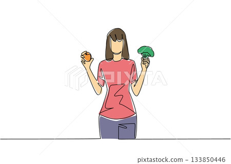 Single one line drawing a woman in casual clothes holding an orange and broccoli in each hand. Balanced diet. Healthy. Eat More Fruits and Vegetables Day. Continuous line design graphic illustration Single one line drawing a woman in casual clothes holding an orange and broccoli in each hand. Balanced diet. Healthy. Eat More Fruits and Vegetables Day. Continuous line design graphic illustration 133850446