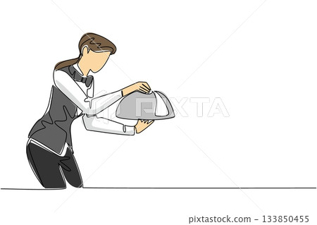 Single continuous line drawing female waitstaff wears a bow tie serving an order with a metal tray and cloche. Meals delivered to customers. National Waitstaff Day. One line design vector illustration 133850455