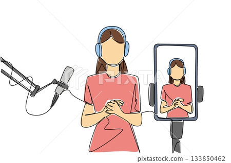 Continuous one line drawing a woman using headphones and a mic broadcasts with a smartphone. Online broadcast via smartphone app. National Streaming Day. Single line draw design vector illustration 133850462