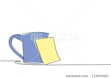 Continuous one line drawing mug glass with memo paper attached. Still make time to drink plenty during busy times. A glass of hot coffee. National Memo Day. Single line draw design vector illustration 133850463