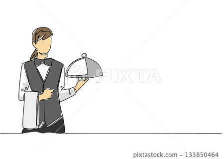 Continuous one line drawing female waitstaff with bow tie carrying metal tray and hanging napkin on hand. Friendly attitude. Staff. National Waitstaff Day. Single line draw design vector illustration 133850464