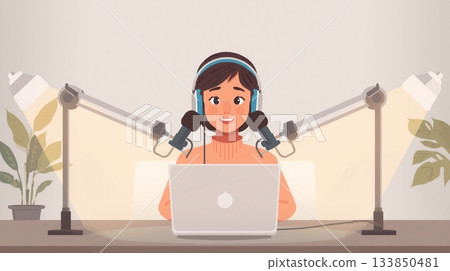 一名女子正在廣播室講話 一名女子正在廣播室講話 133850481