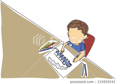 Single one line drawing a boy drawing a train and colorful pencils scattered around. Painting a train. Favorite vehicle. Imagination. Idea. Drawing Day. Continuous line design graphic illustration 133850542