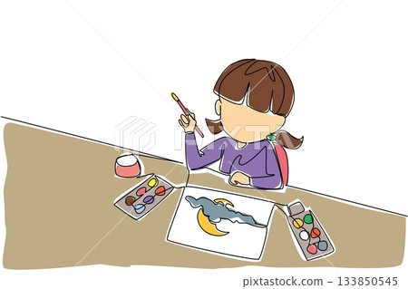 Single one line drawing a girl looking up while drawing and holding colorful paints and watercolor palette. First ideas about the environment. Drawing Day. Continuous line design graphic illustration Single one line drawing a girl looking up while drawing and holding colorful paints and watercolor palette. First ideas about the environment. Drawing Day. Continuous line design graphic illustration 133850545
