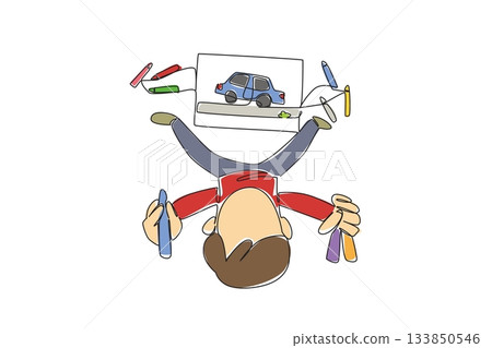 Single continuous line drawing a boy looking up holding a crayon and colorful crayons scattered on the floor. The pride car of family. Favorite toy. Drawing Day. One line design vector illustration 133850546