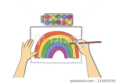 Continuous one line drawing hand painting using watercolors and watercolor container. View after the rain passes. Memory and talent. Creative. Drawing Day. Single line draw design vector illustration Continuous one line drawing hand painting using watercolors and watercolor container. View after the rain passes. Memory and talent. Creative. Drawing Day. Single line draw design vector illustration 133850550