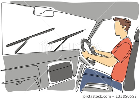 Continuous one line drawing a young man driving a car and turning on the wipers. Driving in bad weather. Must stay focused. National Check Your Wipers Day. Single line draw design vector illustration 133850552